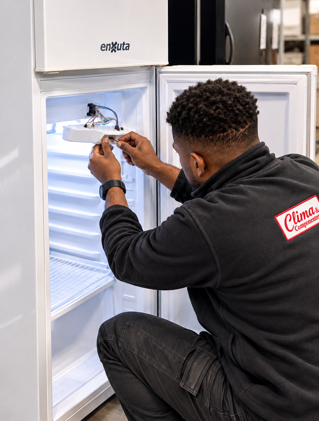 Técnico reparando freezer Enxuta